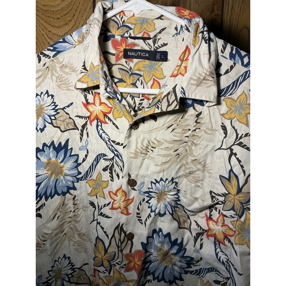 Nautica Mens 100% Silk Aloha Hawaiian Shirt L Floral Blue Beige Short Sleeve